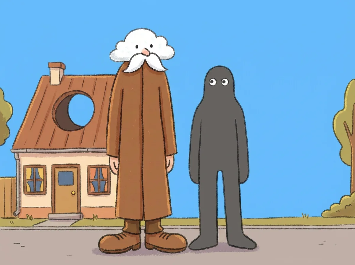 Opa Lang staat voor een klein huis, met zijn hoofd tot in de wolken.